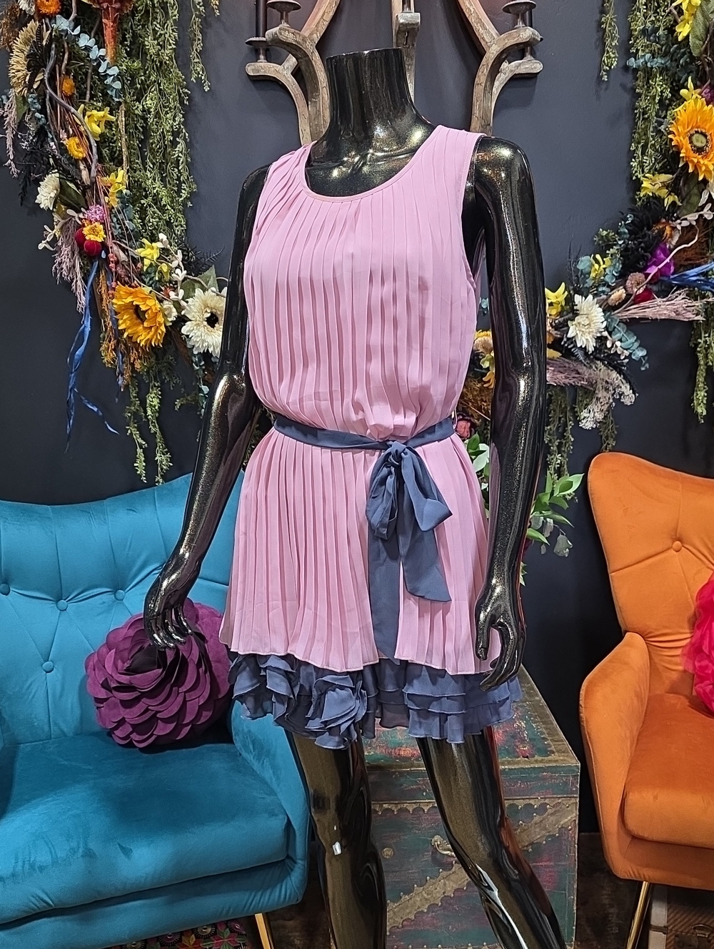 Ya Los Angeles Pink Pleated Mini Dress with Gray Blue Sash & Ruffle Hem